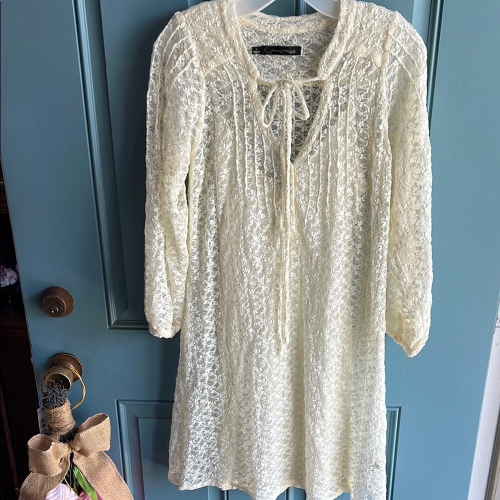 Cream Lace Dress with Tie Neck